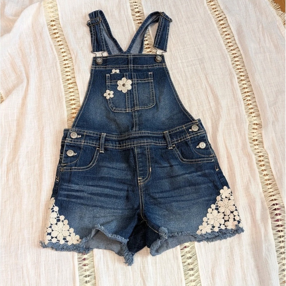 Y2K Coquette Jordache Kids Denim Overall Shorts Lace Floral Cottagecore L(10/12)